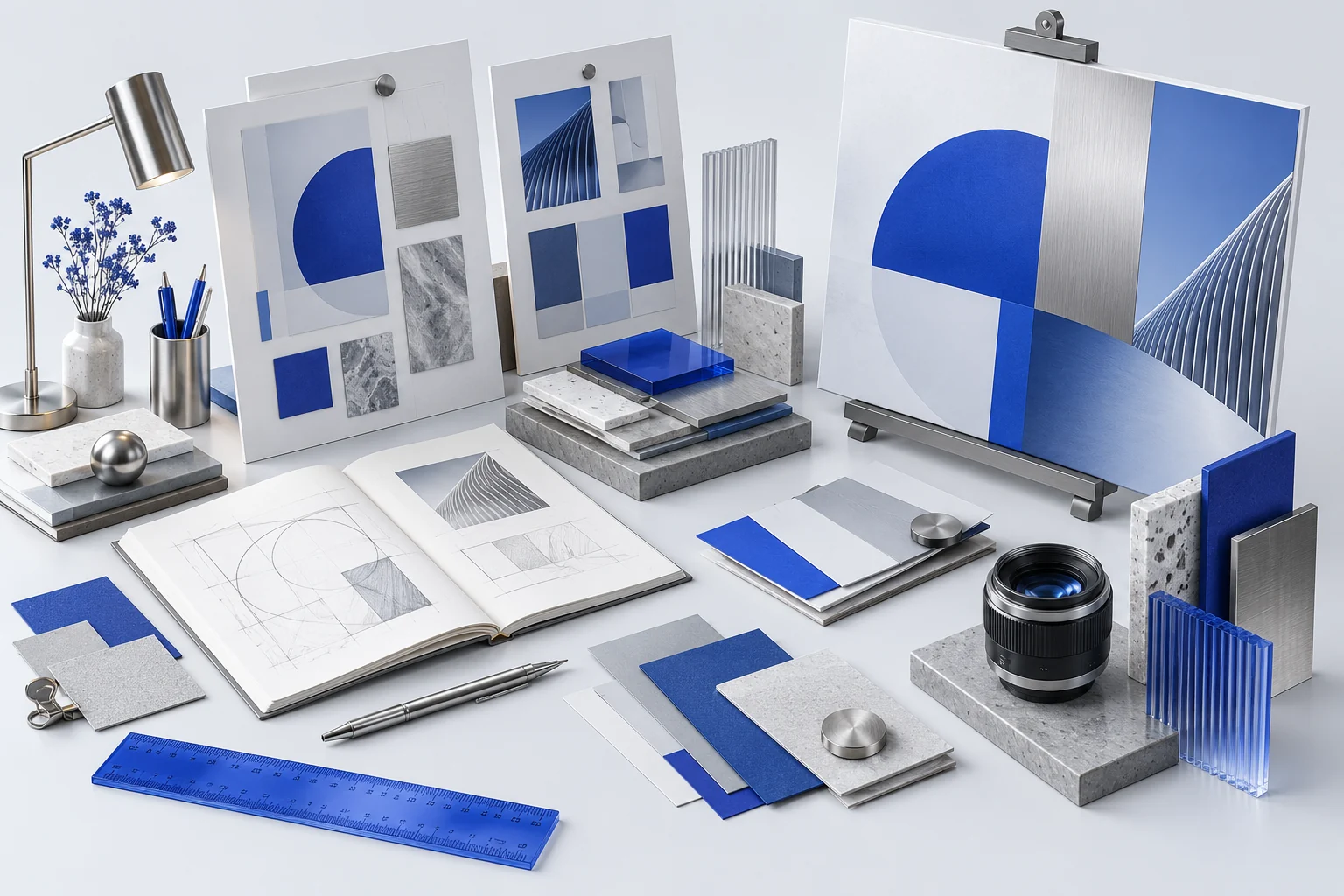 Illustration eines Designstudios mit Entwürfen und Materialien