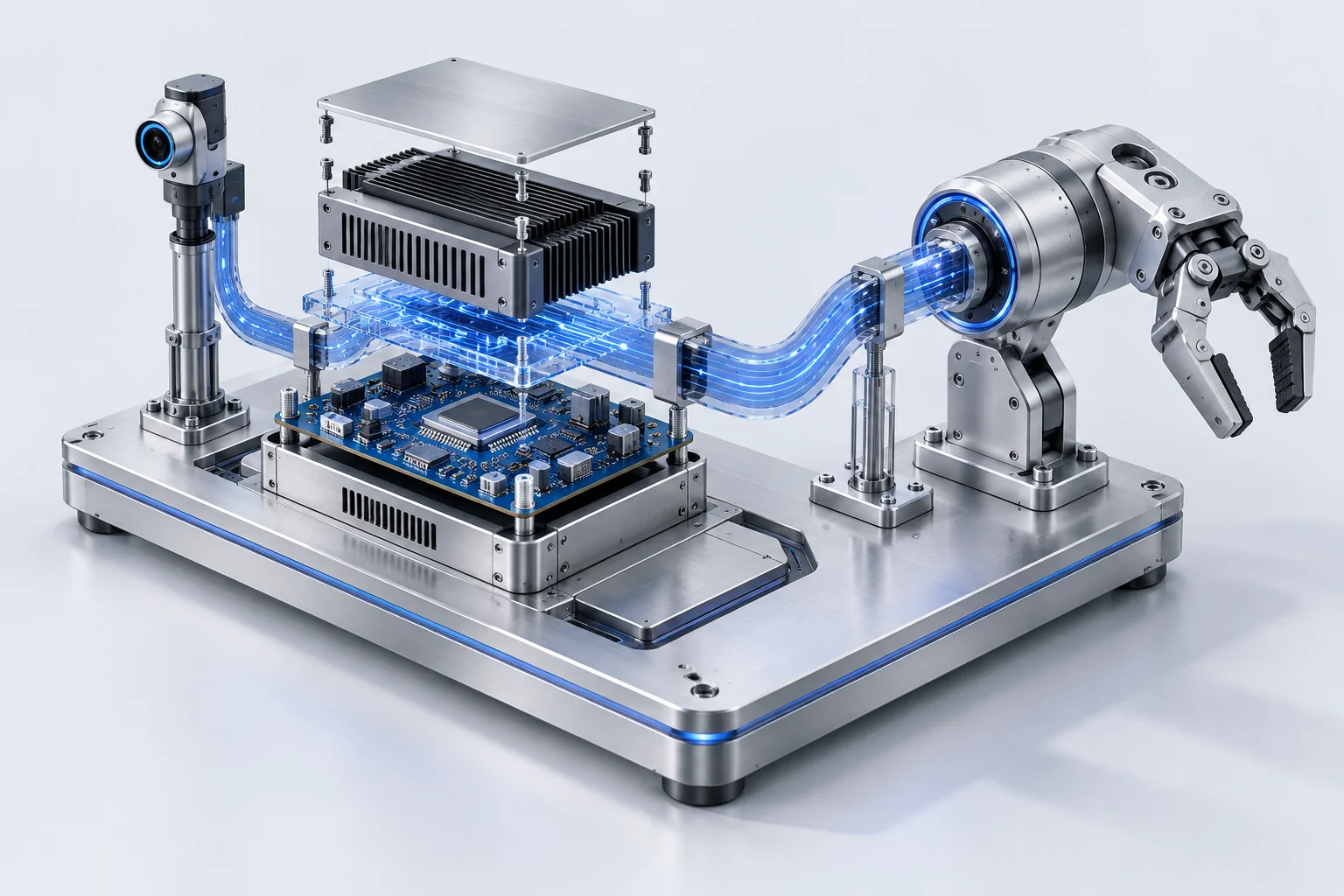 Illustration von Sensorik, Rechner und Robotergreifer
