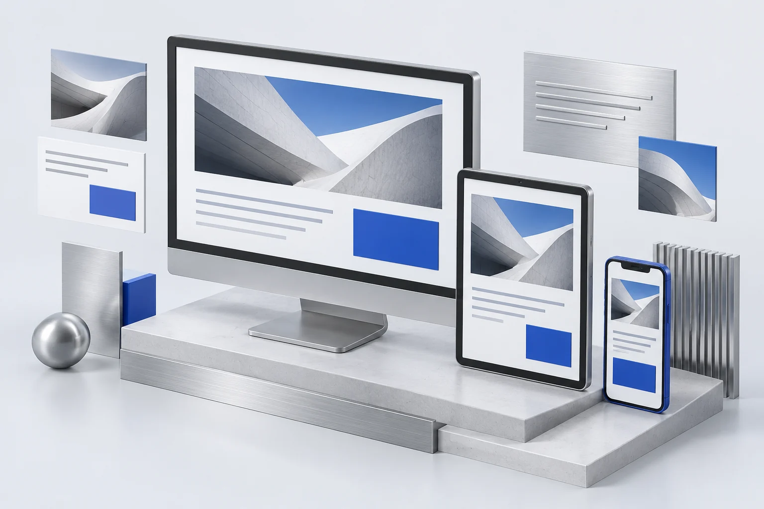 Illustration eines Webauftritts auf Desktop, Tablet und Smartphone